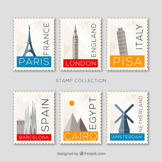 Set of landmark stamps with cities and monuments