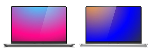 Una serie di layout di laptop in una custodia di metallo modelli di laptop moderni con schermi a colori su sfondo bianco