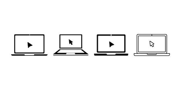 set of laptop with computer mouse vector icons monitor with pointer or cursor notebook and arrow