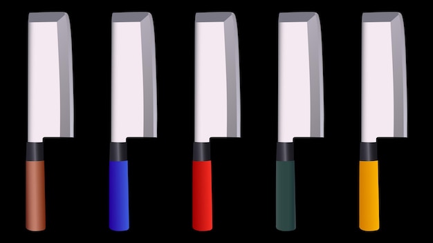 set of Large sharp cleaver knives with wooden handle isolated on black background, colourful cleaver