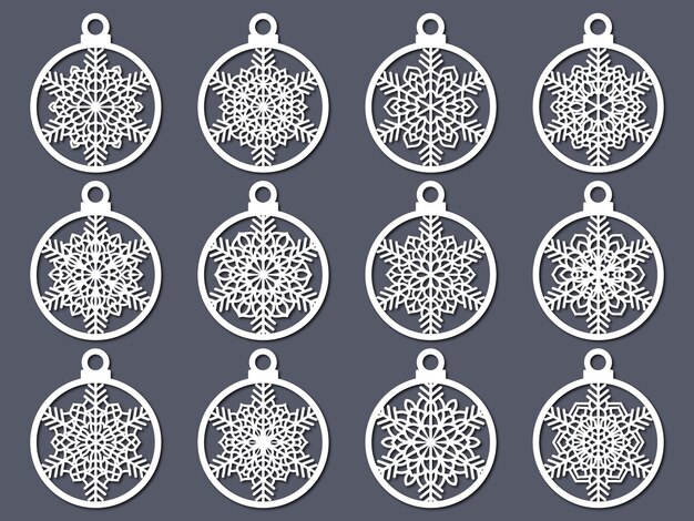Set of laser cut Christmas balls with snowflake cutout of paper Sample Template for Christmas card