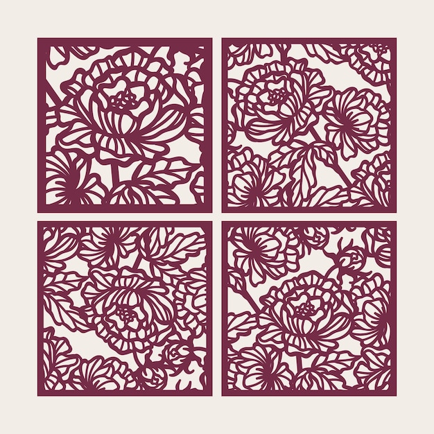 Set of laser cut square panels with floral peonies pattern Invitation cards fence screen cut templates vector