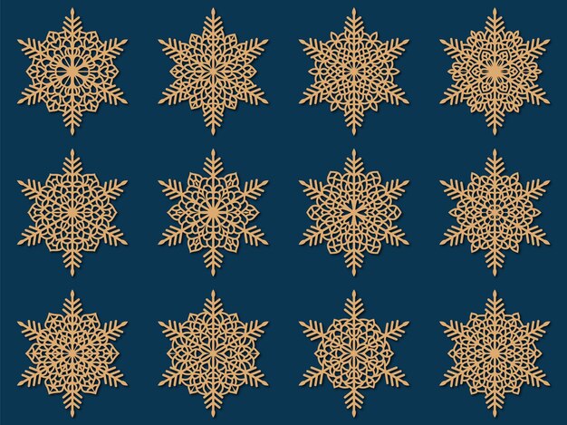 Set of laser cutting openwork snowflakes Vector silhouette of Christmas decoration
