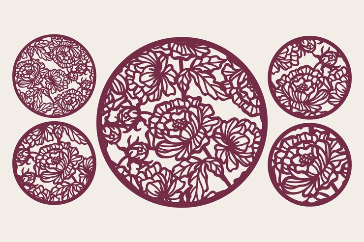 Set laser gesneden ronde panelen met bloemen pioenrozen patroon Coaster Wall decor gesneden sjablonen vector