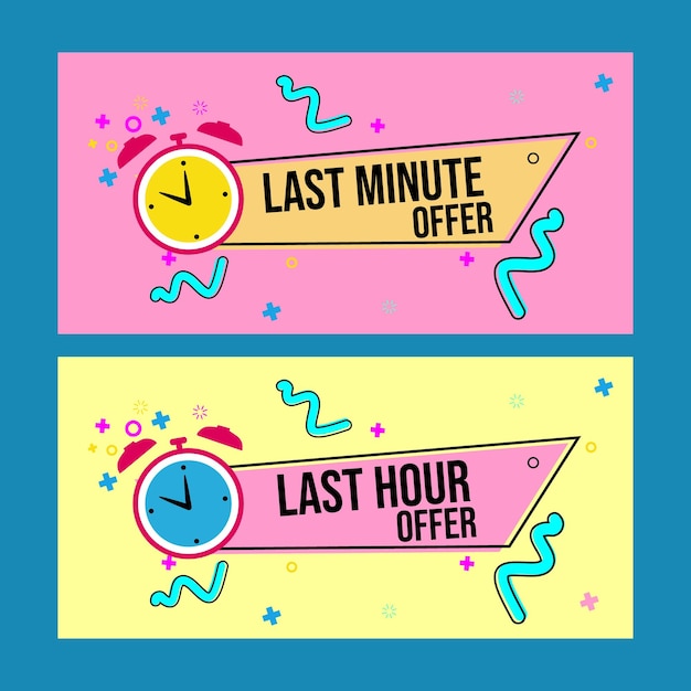 Set di banner pubblicitari per offerte last minute con design piatto icona orologio per sfondo pubblicitario