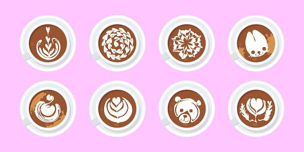 Vector set of latte art coffee in cups in saucer top down view milk foam drawings in cappuccino