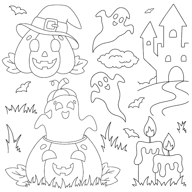 A set of laughing pumpkins and ghosts Coloring book page for kids Halloween theme