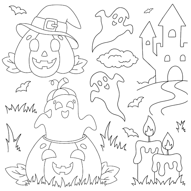 A set of laughing pumpkins and ghosts coloring book page for kids halloween theme