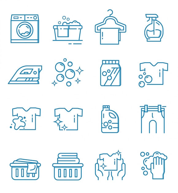 Vector set of laundry icons with outline style