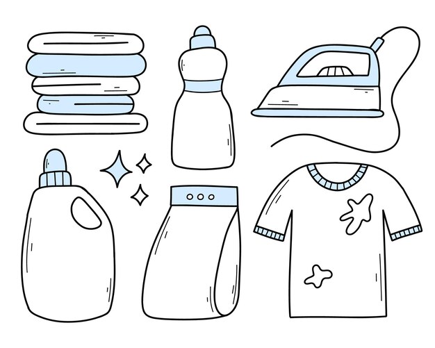 Set of laundry items in doodle style Linear collection of laundry items Vector illustration Isolated elements on a white background