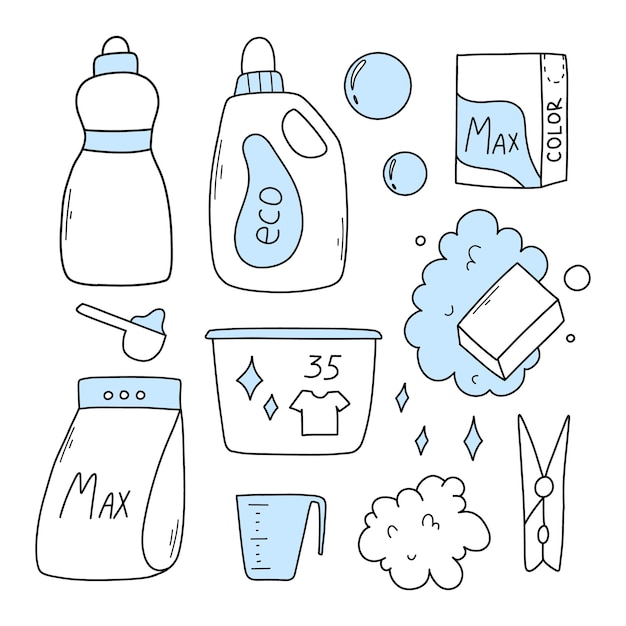 Set of laundry items in doodle style Linear collection of laundry items