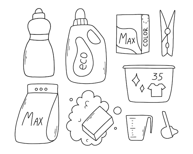 Set of laundry items in doodle style Linear collection of laundry items