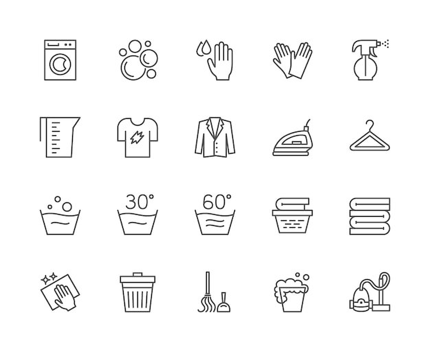 Set of Laundry Line Icons. Washing Machine, Gloves, T-shirt, Hanger and more.