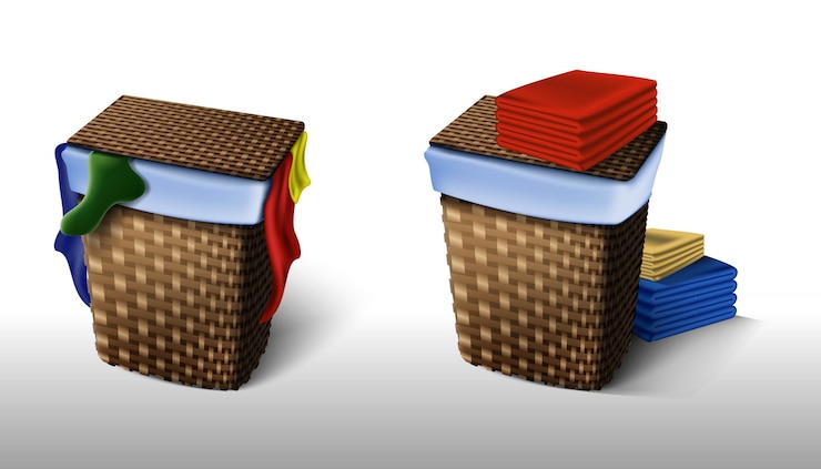 Vector set of laundry service, laundry basket full of dirty apparel and with tidy and clean clothes.