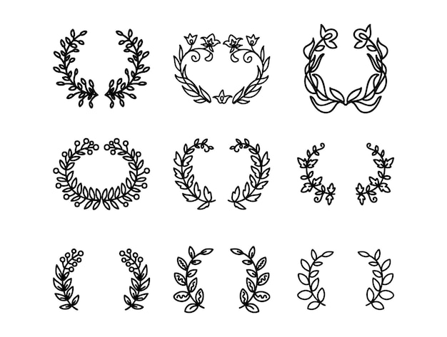 Vettore set di corone di alloro cornici floreali e divisori in stile doodle rami vintage per la decorazione