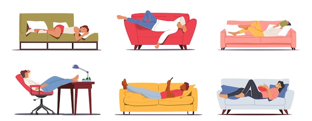 Set of lazy characters relaxing during weekend at home sleeping
surfing internet eating junk food weekend recreation concept people
having rest procrastination cartoon people vector illustration