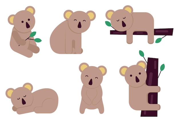 Set of lazy koala character cartoon wildlife vector illustration