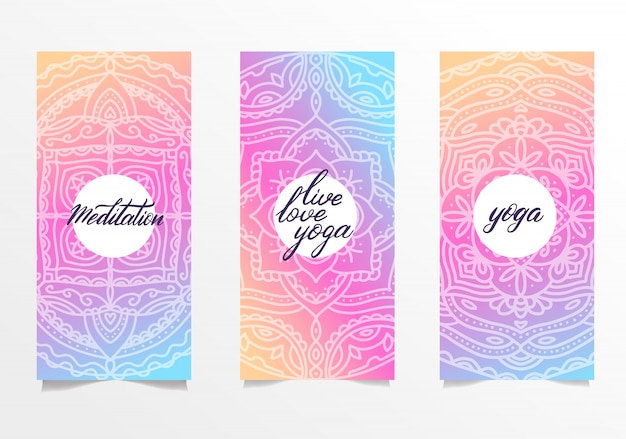 Set of leaflets for yoga studio with colorful mandala