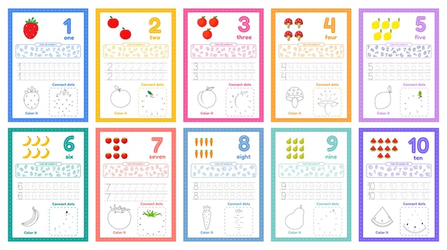 Vettore set di flashcard per l'apprendimento dei numeri per bambini in età prescolare da 1 a 10 fogli di attività con molti esercizi