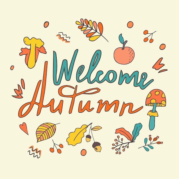 Set di foglie, bacche e frutti autunnali hello autumn banner poster o design con spazio per il testo disegnato a mano in stile doodle illustrazione isolata vettore