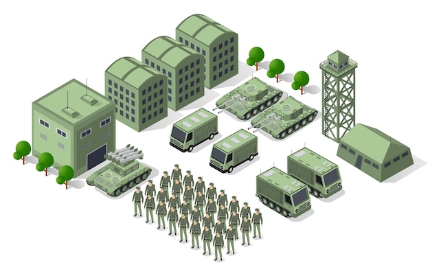 Set leger gewapende troep isometrische gewapende militaire transportobjecten