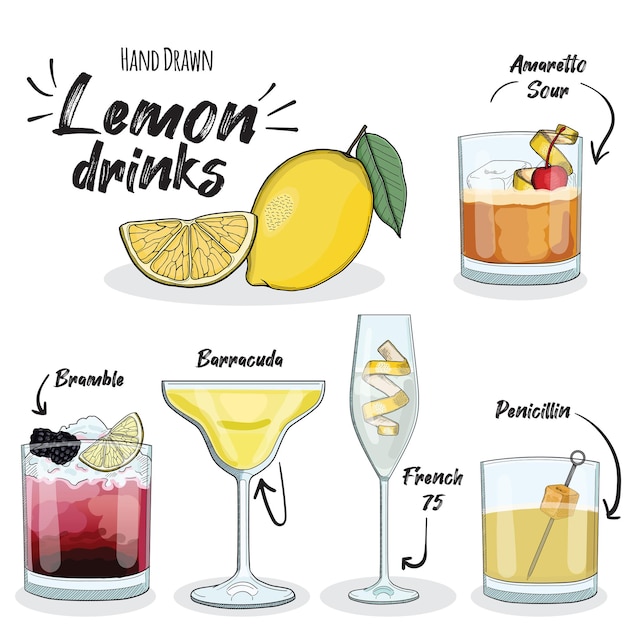 Vector set of lemon cocktails illustrations