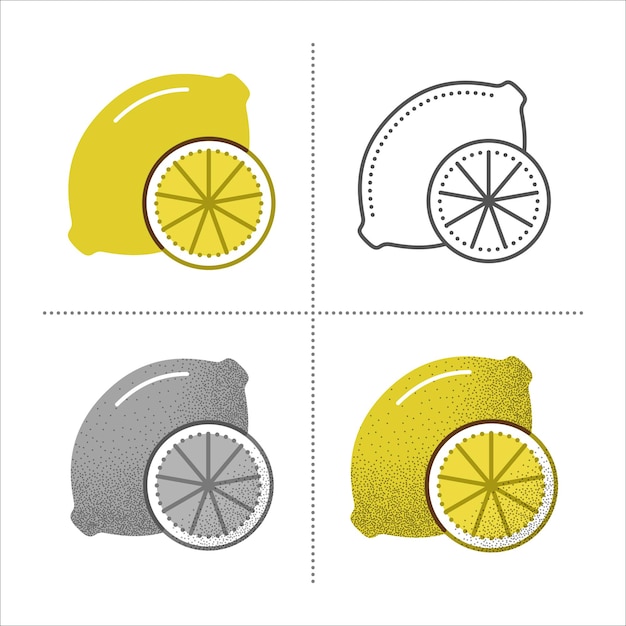 Set of lemon icons in different styles retro flat thin line black and white with vintage texture Fresh sour citrus slice with vitamin C Vector illustration isolated on white background