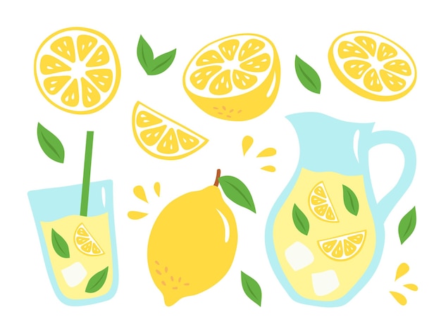 Set of lemons leaves and lemonade in a handdrawn style