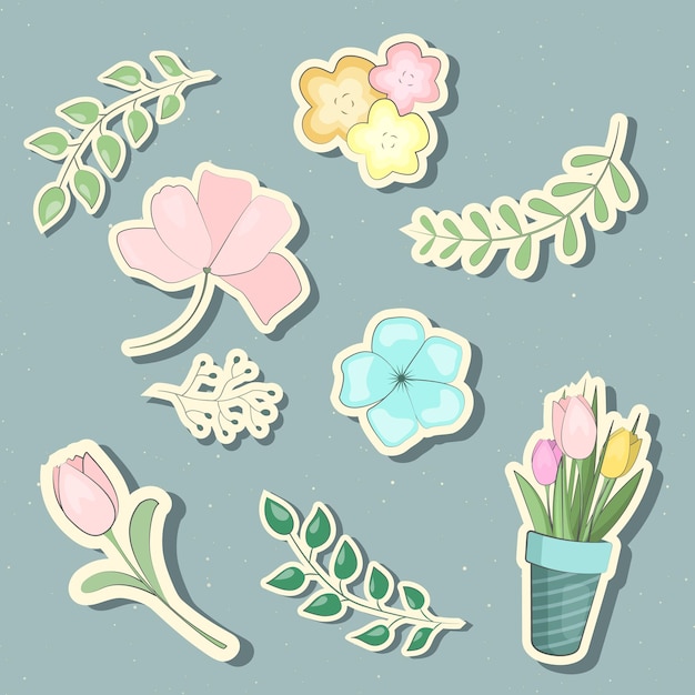 Vector set lente bloemen stickers in doodles stijl collectie van scrapbooking elementen
