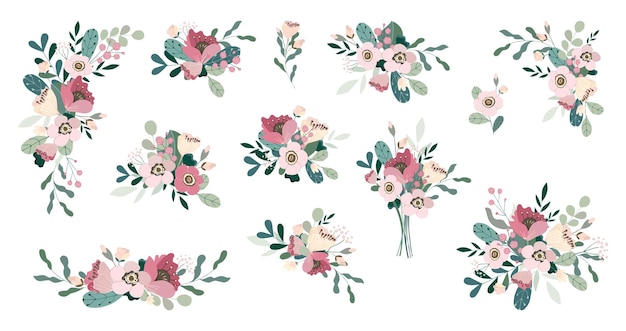 Set lente tak met zomer bloemen elementen bloemen groene bladeren bessen Concept boeket grens hoek voor bruiloft Womens Day 8 maart Valentijnsdag kinderen vakantie vectorillustratie