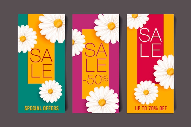 Set lente verkoop flyers of banner posters met kamille witte bloem bloesem illustratie