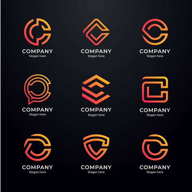 Vector set of letter c logo with orange gradient color and black background this logo is suitable for use by all circles and large and luxurious companies