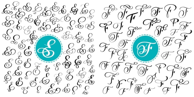 Set letter e f hand drawn vector flourish calligraphy script font isolated letters written