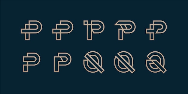 最初のPとQの線画コンセプトの文字ロゴコレクションのセット