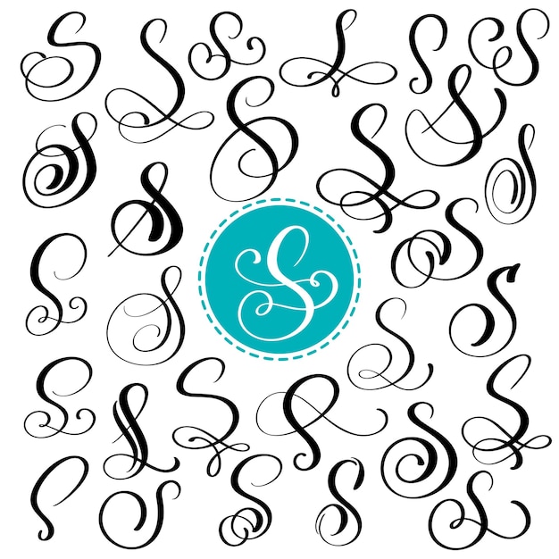 Vector set letter s hand drawn vector flourish calligraphy script font isolated letters written with ink