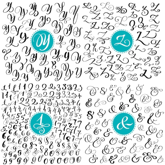 Vector set letter yz nummers ampersand hand getrokken vector bloeien kalligrafie script lettertype geïsoleerd
