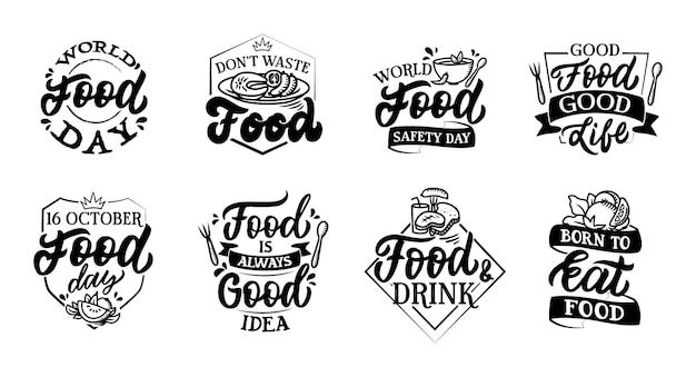 The set of lettering badges on food day the doodle style in black