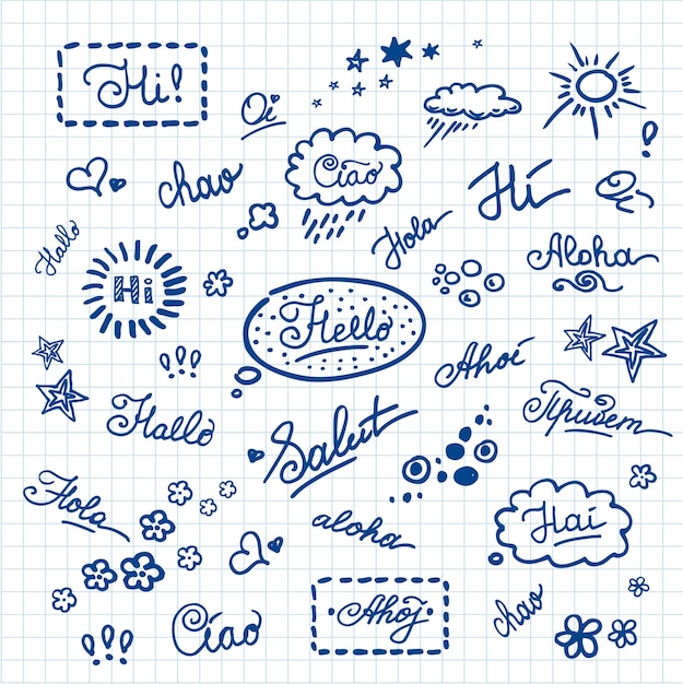 Установка букв "Привет" на разных языках, нарисованная вручную на бумаге для ноутбуков, векторная иллюстрация