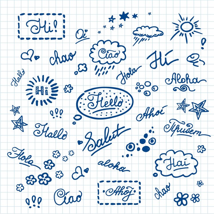 Vector helloの文字を異なる言語で設定手書きでノートブック紙に描かれたストックベクトルイラスト