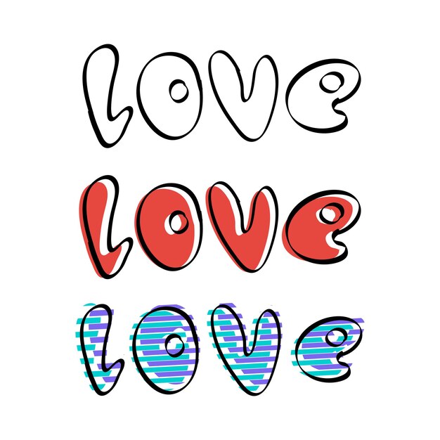 흰색 배경에 SET 레터링 LOVE 티셔츠와 엽서 벡터에 대한 자유형 낙서 스타일 글꼴