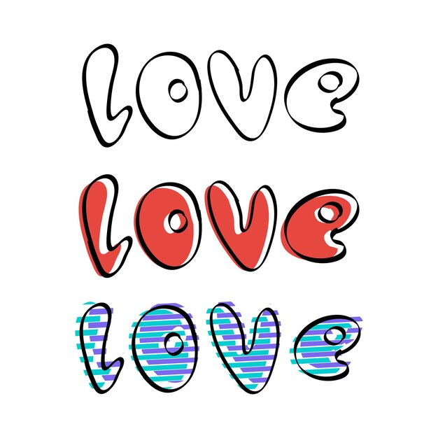 Set lettering love su sfondo bianco font in stile doodle a mano libera per magliette e cartoline vector