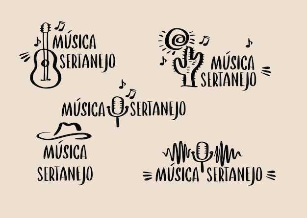 Vector set lettering in portuguese sertaneja musica and guitar outline drawing