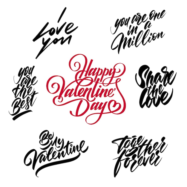 Набор надписей для празднования Дня святого Валентина. Рукописные шрифты на белом фоне. Надпись для открыток. Векторная иллюстрация