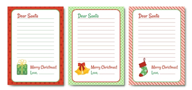 Set of letters to Santa Claus from child Wishlist blank Flat cartoon vector