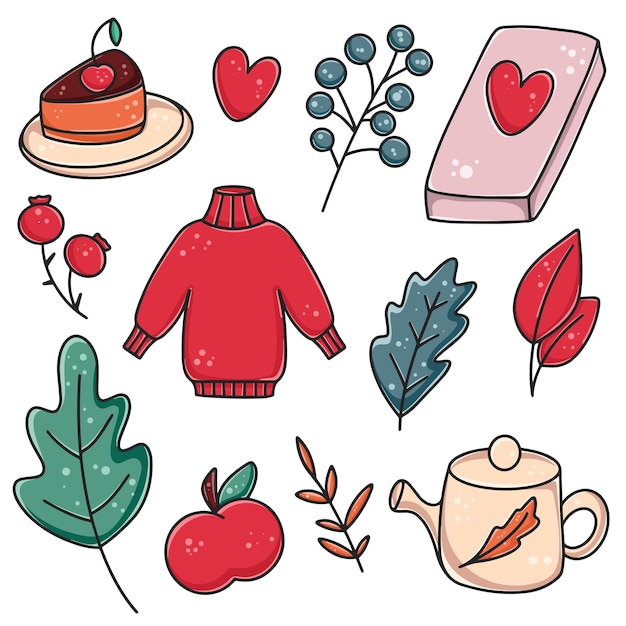 Set leuke en gezellige items voor herfst- en wintercomposities Gebreide trui boek theepot taart