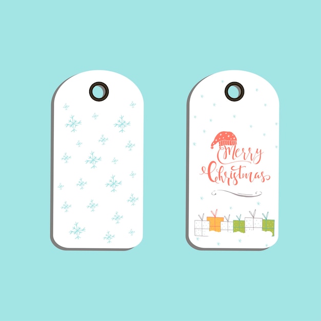 Set leuke kerstcadeau-tags, kaarten met belettering Merry Christmas, dieren, presets, boom en sneeuwvlokken. Gemakkelijk bewerkbare sjabloon. Perfecte illustratie voor briefkaart, poster, badge, banner.