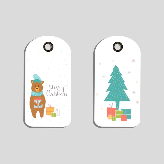 Set leuke kerstcadeau-tags, kaarten met belettering Merry Christmas, dieren, presets, boom en sneeuwvlokken. Gemakkelijk bewerkbare sjabloon. Perfecte illustratie voor briefkaart, poster, badge, banner.