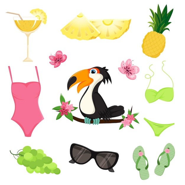 Set leuke zomerelementen. cartoon-stijl. ananas, cocktail, badpak, slippers, toekan, druiven, zonnebrillen, bloemen.