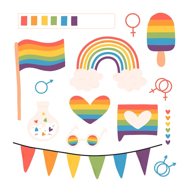 Vector set of lgbt elements vector illustration flat style hand drawn collection of lgbt elements pride month