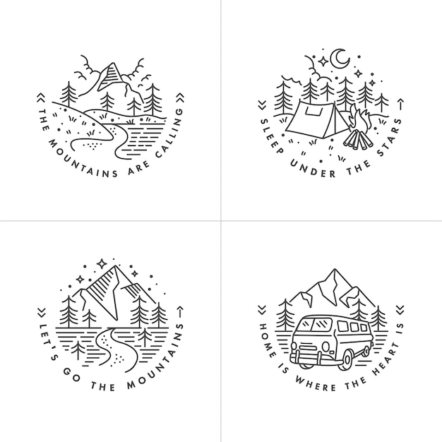 Vector set liear icon and logos mountains